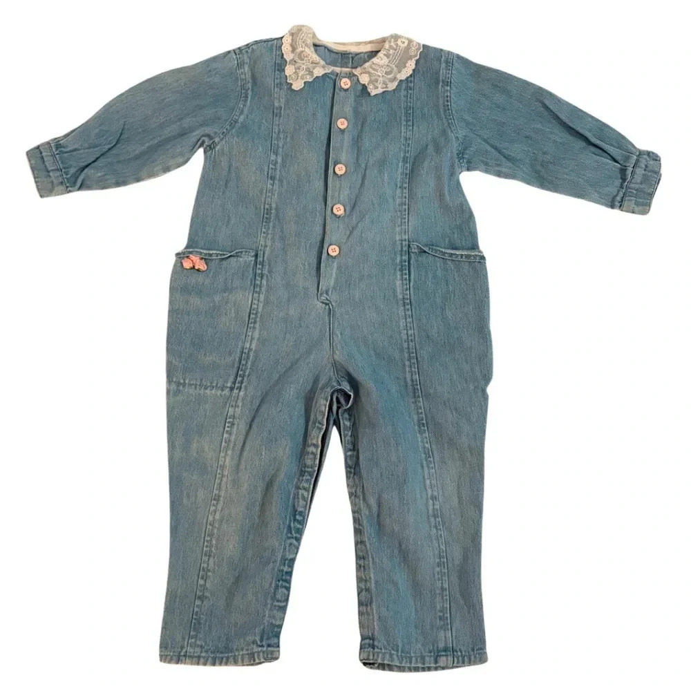 Vintage Kids Denim Lace Collar Long Sleeve Jumpsuit One Piece Jumper Size 3T